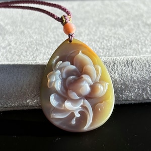 Certified Natural Yanyuan Agate Carved Lotus Flower Pendant, Untreated Yanyuan Agate Pendant, 天然原矿盐源雕刻莲花吊坠