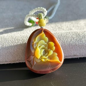 Certified Natural Yanyuan Agate Carved Lotus Flower Pendant, Untreated Yanyuan Agate Pendant, 天然原矿盐源雕刻莲花吊坠