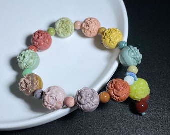13mm+, Natural Colorful Alxa Onyx Carved Peony Flower Bracelet, Natural Alashan Rocks Bracelelt, 天然巧雕阿拉善彩玉牡丹花手串