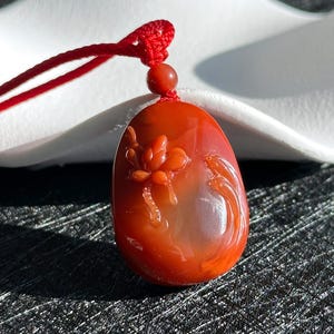 Certified Natural High Grade Untreated Nanhong Agate Hand Carved Lotus and Koi Fish Pendant, 天然无优化川火焰红俏柿子红南红手雕莲花鱼吊坠