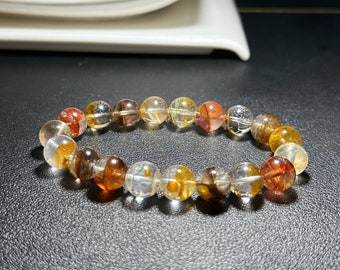 10.5mm+, Certified Natural Top Grade Yellow and Red Hematoid Quartz Bracelet, golden healer and fire quartz bracelet, 天然红黄胶花水晶手串