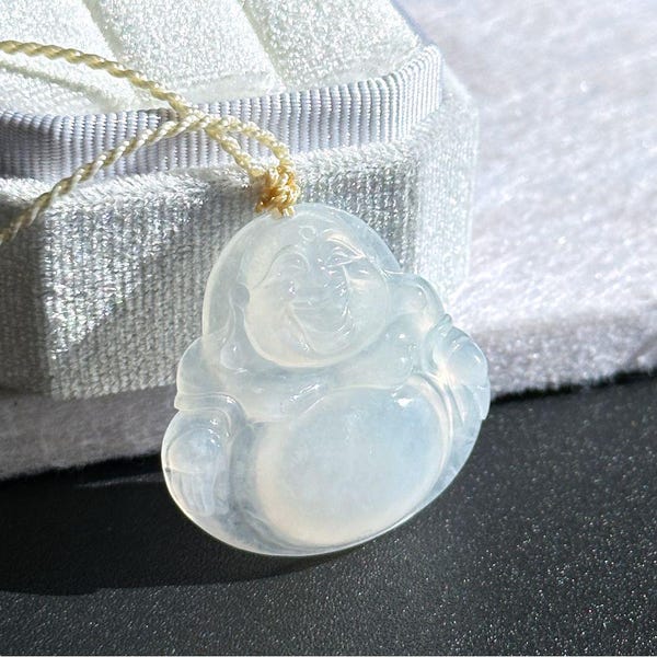 Certified Natural Grade A Icy White Jadeite Jade Carved Maitreya Buddha Pendant, Genuine Type A Jadeite Jade Buddha Pendant, 天然A货白冰翡翠佛公吊坠