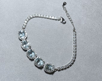 Natural Untreated Aquamarine Gemstone Tennis Bracelet, Oval Cut Aquamarine Tennis Bracelet in Sterling Silver, 天然无优化海蓝宝石纯银手链