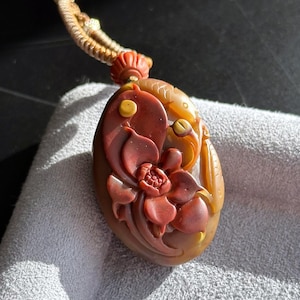 Certified Natural Yanyuan Agate Carved Lotus Flower and Koi Fish Pendant, Untreated Yanyuan Agate Pendant, 天然原矿盐源雕刻莲花鱼吊坠