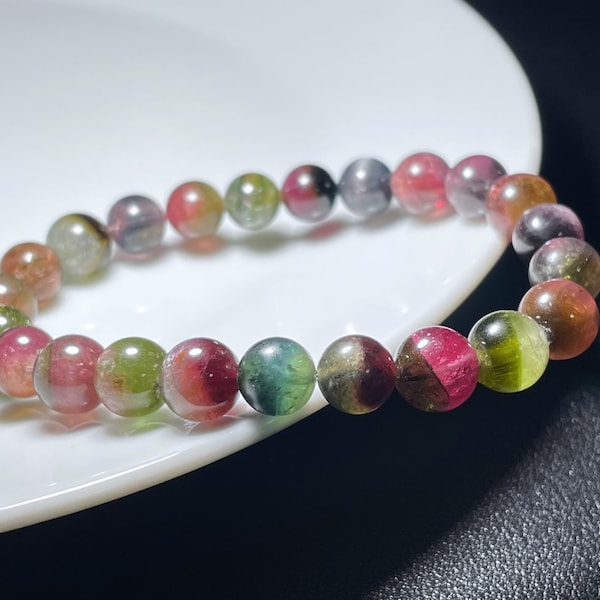 8mm+, Certified Old Mine Natural Dark Watermelon Tourmaline Bracelet, Cat Eye Watermelon Tourmaline Beads Bracelet, 天然老矿黑美人猫眼西瓜碧玺手串