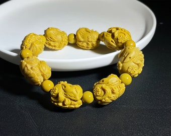 Natural Alxa Onyx Carved Sleeping Fox on lotus leaf Bracelet, Natural Yellow Alashan Rocks Bracelet, 天然黄色阿拉善彩玉睡狐手串