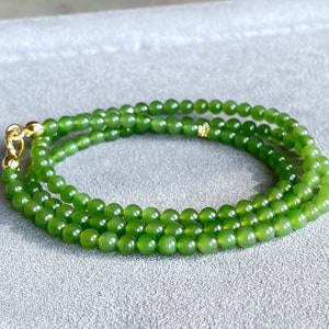 5mm, 26in Long, Certified Natural Russian Siberian Icy Apple Green Nephrite Jade Beads Necklace, 俄料冰底苹果绿碧玉项链