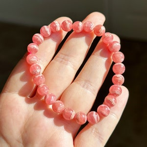 7.5mm, Certified Natural Argentina Rhodochrosite Bracelet, Argentina Rhodochrosite Beads Bracelet, 天然阿根廷红纹石紫水晶雕刻珠手串 image 7