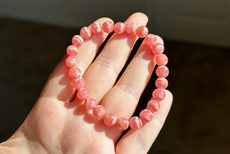 7.5mm, Certified Natural Argentina Rhodochrosite Bracelet, Argentina Rhodochrosite Beads Bracelet, 天然阿根廷红纹石紫水晶雕刻珠手串 image 7