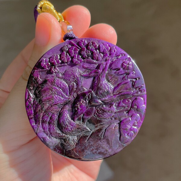 211 carats, Certified Natural Africa Royal Purple Sugilite Carved Nine Tailed Fox Pendant, Sugilite Pendant necklace, 南非国石皇家紫舒俱来吊坠