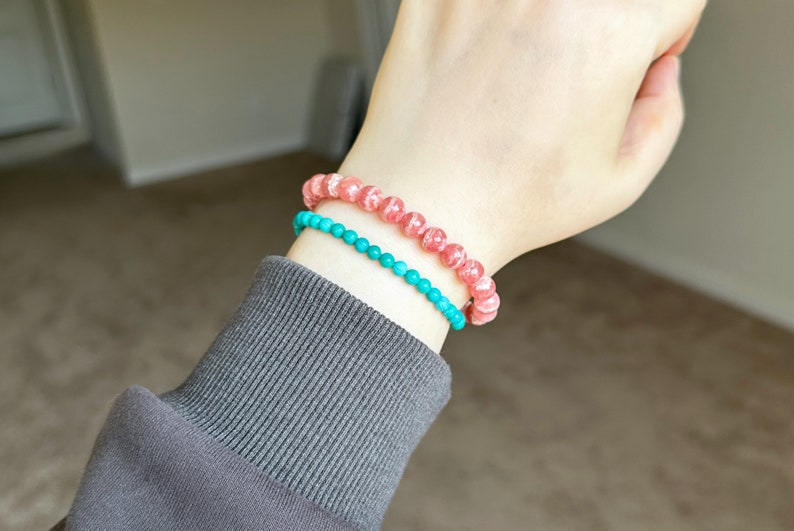 7.5mm, Certified Natural Argentina Rhodochrosite Bracelet, Argentina Rhodochrosite Beads Bracelet, 天然阿根廷红纹石紫水晶雕刻珠手串 image 9