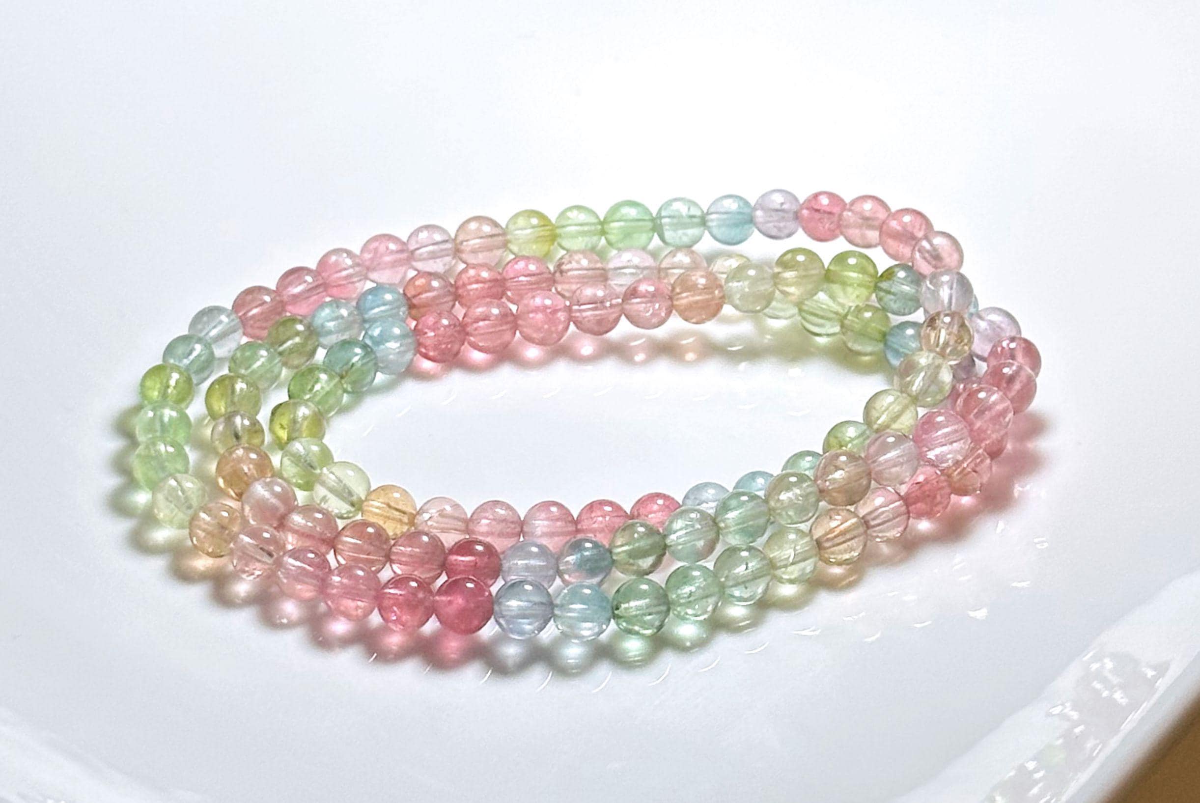 5mm+, Certified Natural Macaron High Clarity Three Wraps Tourmaline Bracelet, High Grade Rainbow Tourmaline Bracelet, 天然仙女马卡龙色玻璃体碧玺手串