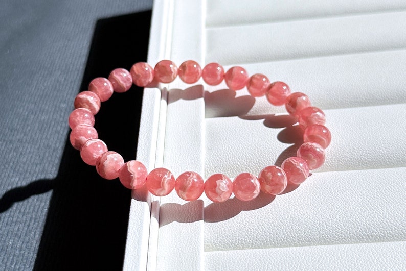 7.5mm, Certified Natural Argentina Rhodochrosite Bracelet, Argentina Rhodochrosite Beads Bracelet, 天然阿根廷红纹石紫水晶雕刻珠手串 image 3