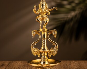 Brass Dancing Ganesha Diya Stand; Handmade Indian Lamp