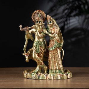 Brass Radha Krisha with Cow Statue image 1