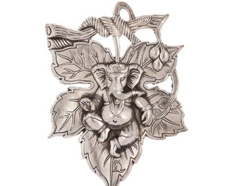 Metal Lord Ganesha on Creative Leaf Wall Hanging