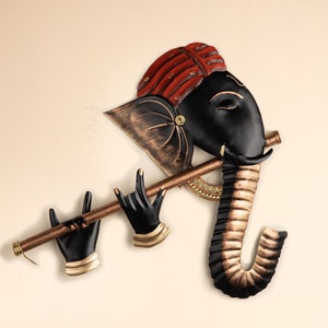 Wrought Iron Ganesha Playing Flute Wall Hanging image 1