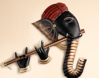 Wrought Iron Ganesha Playing Flute Wall Hanging