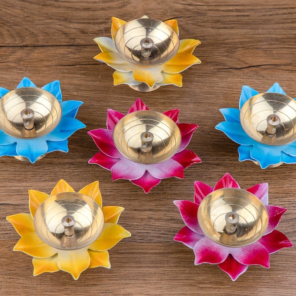 Brass Lotus Diya Set (6 Diyas) with Iron Leaves
