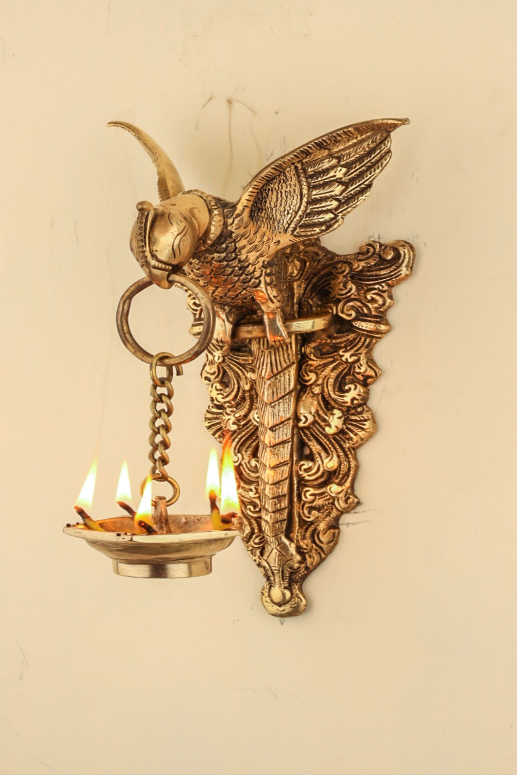 Brass Bird Wall Hanging Diya With 5 Wicks Handmade Indian Lamp 