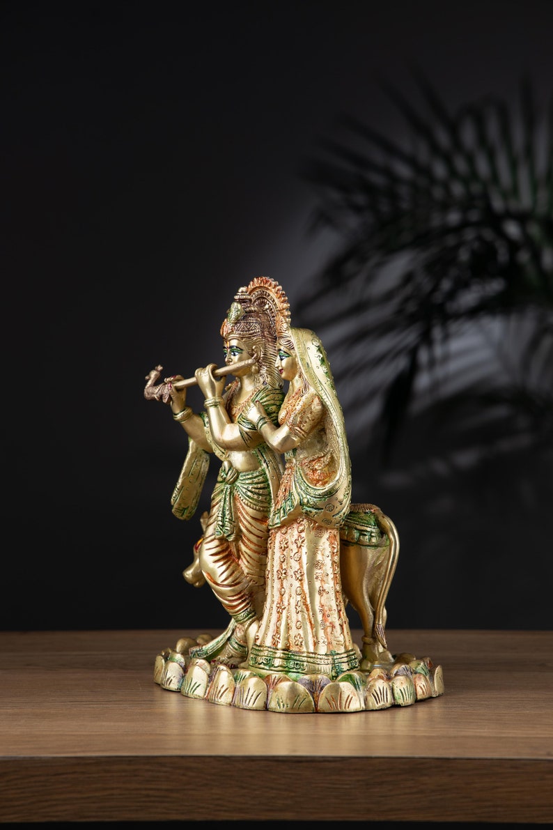 Brass Radha Krisha with Cow Statue image 2