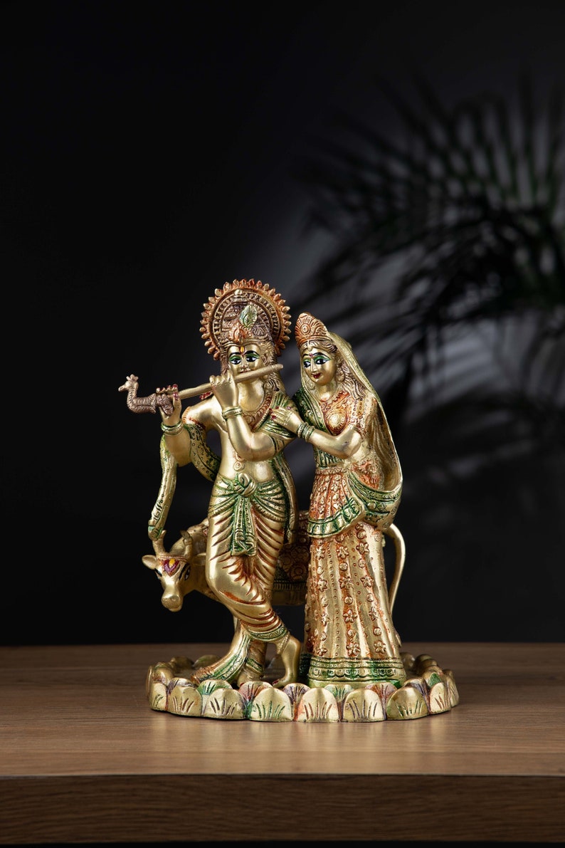 Brass Radha Krisha with Cow Statue image 1