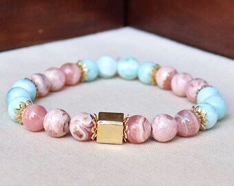 24k gold plated Hill tribe silver, AAA Argentinian rhodochrosite and AAA Dominican larimar bead bracelet