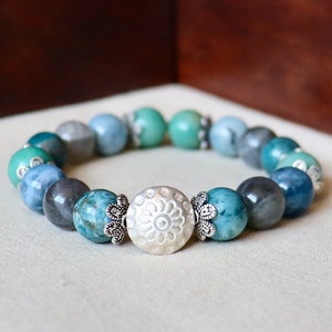 Hill tribe silver, all AA blue apatite, labradorite, devil blue aquamarine and green chrysoprase bead bracelet