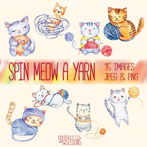 Spin Meow a Yarn | Cat Clip Art | Cute Knitting Cat Illustrations | Yarn Play Digital Art PNG & JPEG