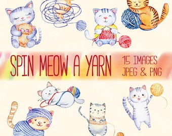 Knitting Cat Clip Art: Playful Yarn PNG & JPEG (Digital Download)