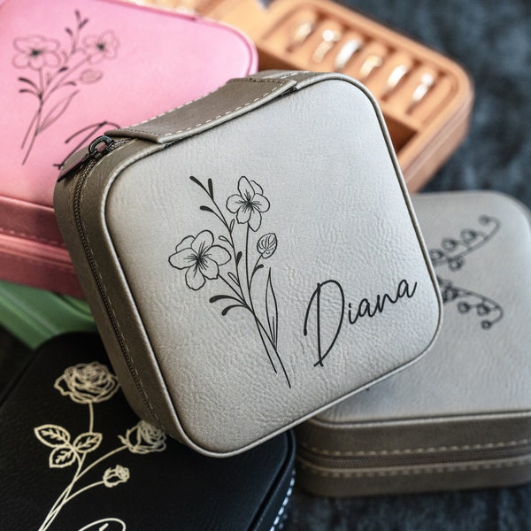 Personalized Jewelry Box -  Birth Flower Jewelry Travel Case - Engraved Bridesmaid Gift #JB01