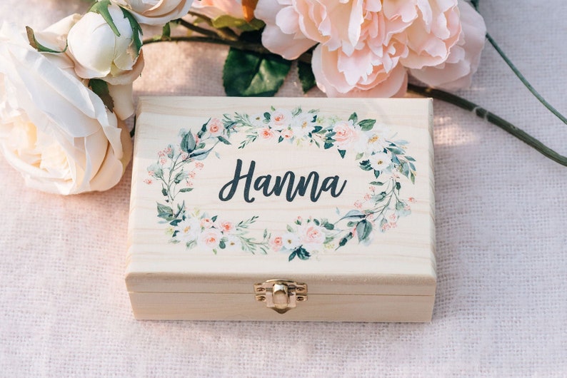 A simple handmade box is made of wood, decorated with the image of beautiful flowers, and name printed will be the perfect Christmas gift for your woman 