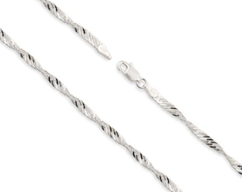 Sterling Silver Singapore Twist Chain Necklace, Custom Length, Solid 925 Silver, Genuine 925 Sterling Silver Chain Necklace For Men & Women