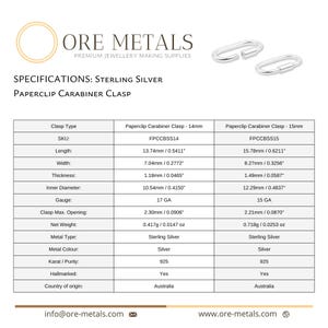 K&ouml;nnte beinhalten: Bild von Papierclip-Karabinerverschl&uuml;ssen aus Sterlingsilber mit Spezifikationen. Die Verschl&uuml;sse sind 13,74 mm und 15,78 mm lang, 7,04 mm und 8,27 mm breit und 1,18 mm und 1,49 mm dick.