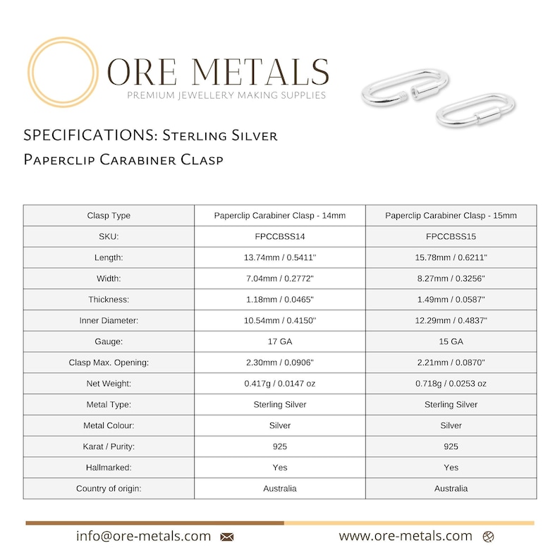 K&ouml;nnte beinhalten: Bild von Papierclip-Karabinerverschl&uuml;ssen aus Sterlingsilber mit Spezifikationen. Die Verschl&uuml;sse sind 13,74 mm und 15,78 mm lang, 7,04 mm und 8,27 mm breit und 1,18 mm und 1,49 mm dick.