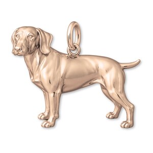 Op de afbeelding: Een roségouden hanger in de vorm van een hond, waarschijnlijk een Vizsla, staand met de staart omhoog. De hanger heeft een lus voor een ketting. De details van de hond zijn realistisch.