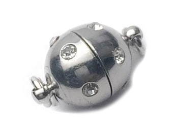 Sterling Silver Magnetic Oval Clasp with Cubic Zirconia Diamonds - Oval Magnetic Clasp For Necklace and Bracelet - 925 Silver Magnetic Clasp