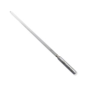 May include: A silver-colored metal file tool featuring a long, thin, flat blade and a cylindrical handle. The handle is marked with the text "ORE METALS" and a circular logo, providing a grip for precision filing tasks in metalworking.