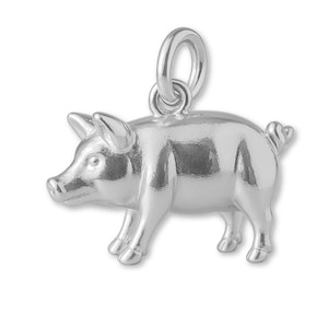 May include: A polished silver pig charm with a loop for attachment. The pig has detailed features including ears, snout, and a curled tail. The charm is likely made of metal and is designed to be a pendant or charm for a necklace or bracelet.