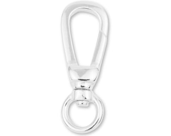May include: A shiny, silver-colored swivel clasp. The clasp has a rounded top loop, a central swivel section, and a bottom ring. The metal has a polished, reflective surface, and the design is simple and functional.