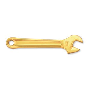 Könnte beinhalten: Ein goldfarbener Schraubenschlüssel, ein Handwerkzeug mit einer Schlaufe an einem Ende und einem verstellbaren Maul am anderen. Der Schraubenschlüssel ist vor einem weißen Hintergrund platziert.