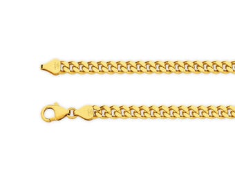 May include: A yellow gold curb chain necklace featuring interlocking flat, oval-shaped links. The chain includes a secure lobster claw clasp at one end and a flat, tapered end tab, both of which are stamped with small, legible hallmark text.