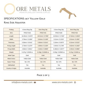 Puede incluir: Especificaciones de ajustadores de tama&ntilde;o de anillo de oro amarillo de 9 quilates. La tabla detalla las medidas para clips de anillo de 4,5 mm, 5 mm, 5,5 mm y 6 mm, incluyendo longitud, anchura, grosor y dimensiones de las p&uacute;as. El metal es oro, color oro amarillo y pureza de 9ct/375. Hecho en Australia.