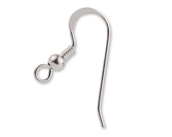 May include: A silver-toned metal earring hook featuring a curved wire, a small decorative bead, a coiled spring detail, and a circular loop at the bottom for attaching jewelry components. The earring finding has a polished finish.