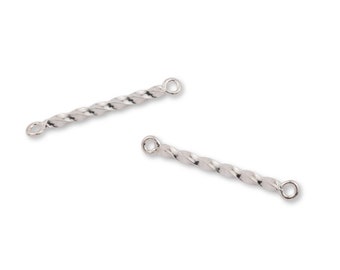 May include: Two silver-toned metal jewelry connectors, each featuring a central twisted bar design with a small circular loop at both ends. The metallic finish is reflective and smooth, showcasing a uniform, elongated, and straight structure.