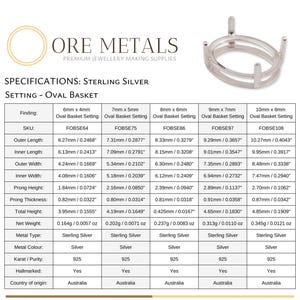 May include: A sterling silver oval basket jewelry setting from Ore Metals. The image includes a detailed specification table listing dimensions in millimeters and inches for five different sizes, ranging from 6mm x 4mm to 10mm x 8mm.