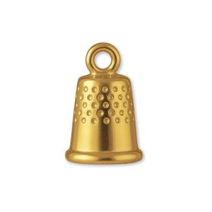 May include: A gold-coloured thimble with a rounded top and a ring for hanging. The thimble has a series of small, evenly spaced holes around the sides. The base of the thimble is slightly flared.