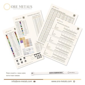 May include: A set of charts and templates for jewelers, featuring gemstone color charts, metal color charts, ring size conversion charts, and wire ring size templates. The charts are printed on white paper with black text and are organized in columns and rows. The charts are titled "Gemstone Color Chart", "Metal Color Chart", "Ring Size Conversion Chart", and "Wire Ring Size Templates".