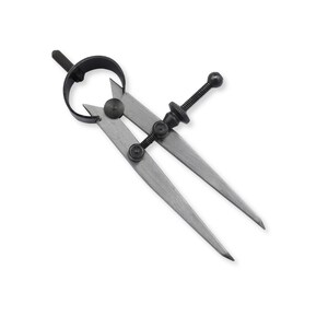 May include: A metal wing divider tool featuring two pointed legs connected by a circular spring hinge at the top. The tool includes a threaded adjustment rod with a knurled nut and a ball-end handle for precise measurement and marking tasks.