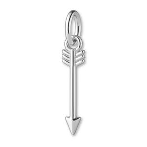 May include: A silver arrow charm, suitable for a necklace or bracelet. The arrow has a pointed tip and fletching detail. The charm is made of a shiny, reflective metal. The charm has a loop at the top.